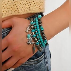 Turquoise and Silver Beaded Bracelet‎ Set